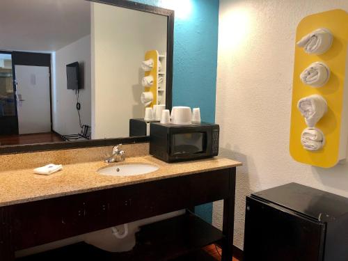 a bathroom with a sink and a mirror and a microwave at Motel 6-Nashville, TN - Airport in Nashville