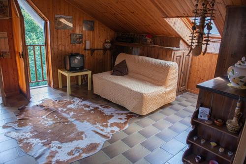 a living room with a couch and a tv at Mansardato In Lurisia in Lurisia