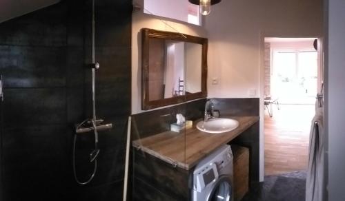 ein Badezimmer mit einem Waschbecken, einem Spiegel und einer Waschmaschine in der Unterkunft Haus am Schlossbach**** in Brannenburg