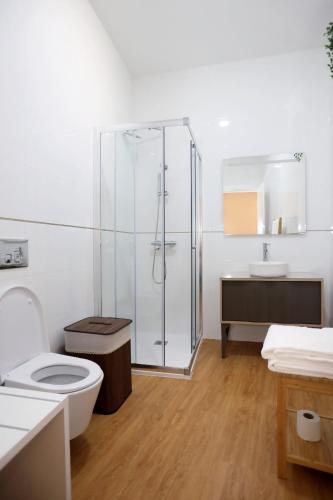 a bathroom with a shower and a toilet and a sink at Glass Boutique - Rooms & Suites in Marinha Grande