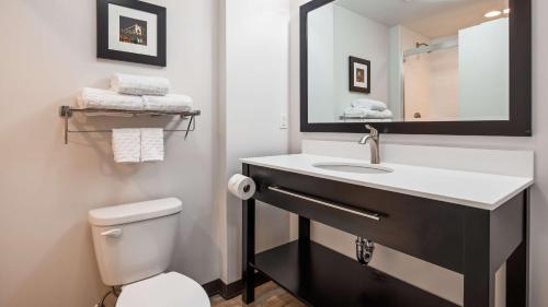 a bathroom with a toilet, sink and mirror at Best Western Plus Cranberry-Pittsburgh North in Cranberry Township