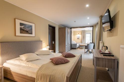 a hotel room with a large bed and a desk at VILA NORBE in Buşteni