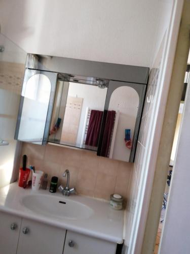 une salle de bain avec un lavabo et un miroir dans l'établissement APPARTEMENT 4 PERSONNES A 500M DES TELECABINES, à Briançon