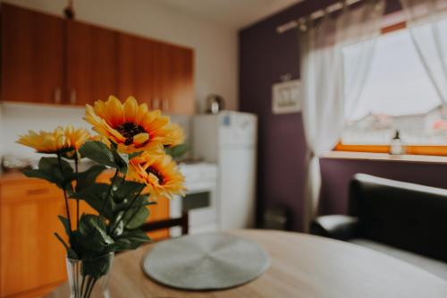 un vase de fleurs sur une table dans une cuisine dans l'établissement Apartmani Marin, à Vukovar