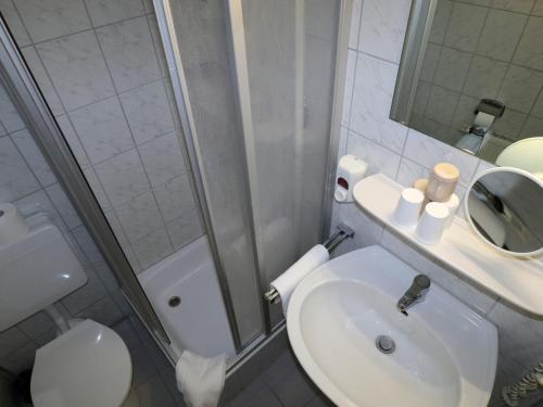 a bathroom with a toilet and a sink and a shower at Hotel - Restaurant Hirschen - Werneths Landgasthof beim Europa- Park Rust in Rheinhausen