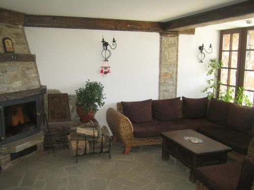 a living room with a couch and a fireplace at Gurko Hotel in Veliko Tŭrnovo