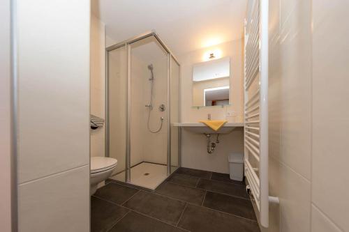 ein Bad mit einer Dusche, einem Waschbecken und einem WC in der Unterkunft Hubertushof Ferienwohnungen in Gerlos