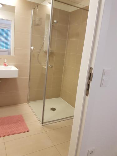 y baño con ducha y puerta de cristal. en Vienna Home48 en Viena