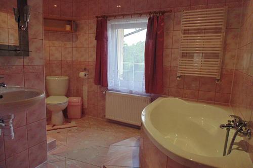 a bathroom with a tub and a toilet and a window at Agroturystyka pod bocianim gniazdem in Górzanka