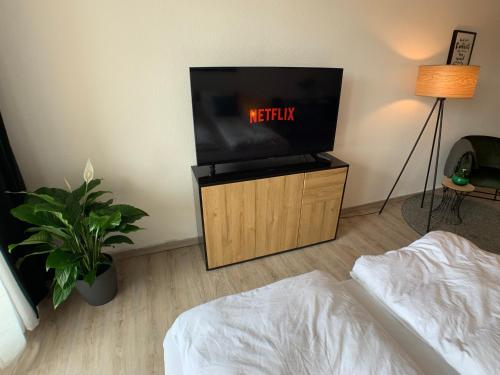 a living room with a tv on a wooden stand at Komfortables Apartment in Bad Elster mit Netflix in Bad Elster