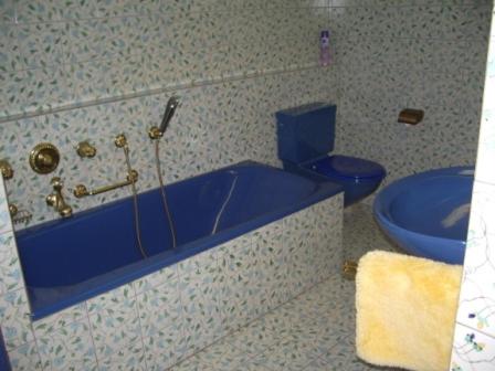 ein Badezimmer mit einer blauen Badewanne und einem WC in der Unterkunft Residenz degli Angioli in Ascona