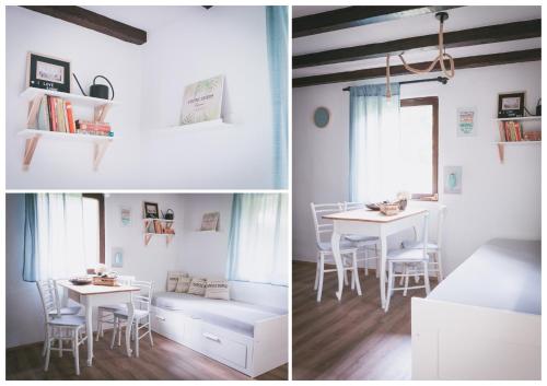 two pictures of a dining room with a table and chairs at NATURALINA HOLIDAY HOUSE in Tribussa Superiore