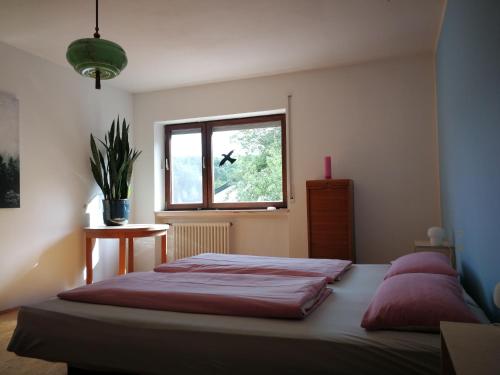 a bedroom with a bed and a window at Lichtblick in Vollmersbach