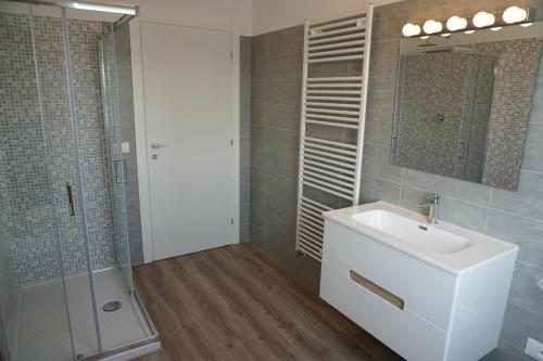 un baño con lavabo y ducha en Holiday House, en Chioggia