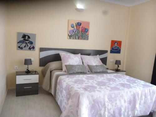 - une chambre avec un lit et une couette violette dans l'établissement Vera Natura Apartamento Maria, à Vera