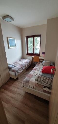 1 dormitorio con 2 camas y ventana en Apartament Eve, en Giżycko