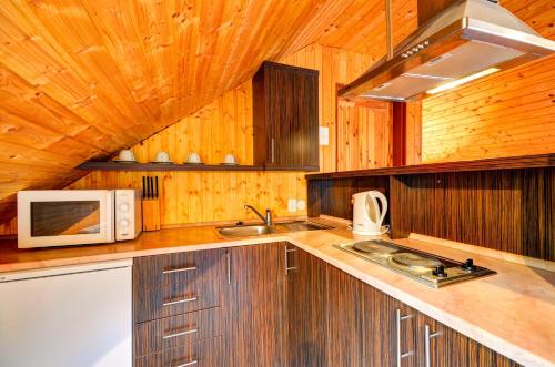 a kitchen with wooden cabinets and a microwave and a sink at Chata pod Mravenečníkem in Loučná nad Desnou