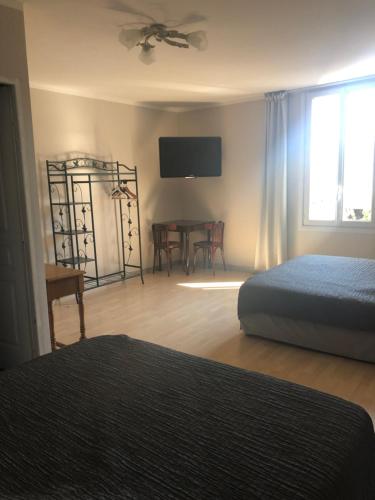 - une chambre avec un lit, une table et une télévision dans l'établissement Hôtel Le Lys d'Or, à Vauvert