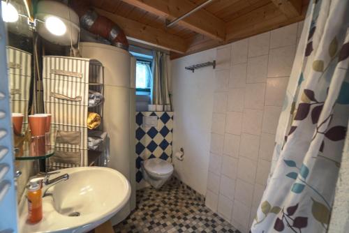 ein Bad mit einem Waschbecken und einem WC in der Unterkunft Hof Marienberg, 56340 Osterspai, Deutschland Wanderhütte in Osterspai