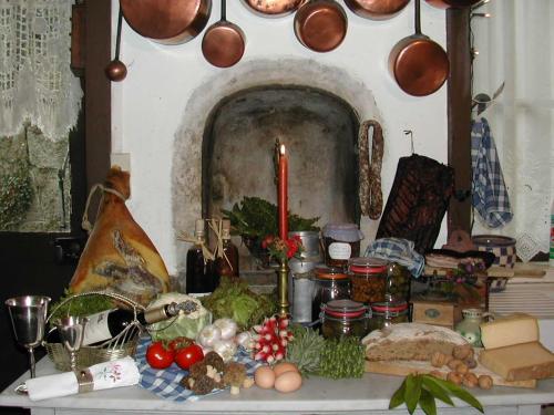 a table with a bunch of food and a fireplace at Chateau De Courbelimagne, Raulhac in Raulhac