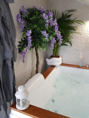 a bath tub with purple flowers on top of it at Alby suite in Termoli