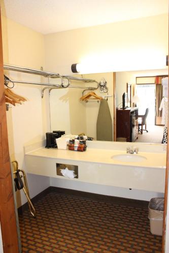 a bathroom with a sink and a large mirror at Great Smokies Inn - Cherokee in Cherokee