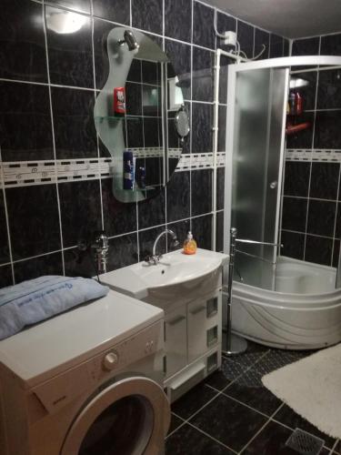 a bathroom with a toilet and a sink and a shower at Vila Boba Bor in Zlot