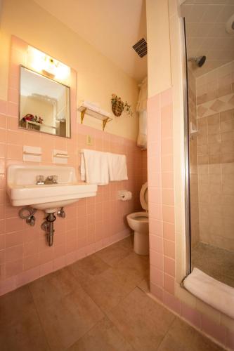 a pink bathroom with a sink and a toilet at Simmons Motel and Suites in Hershey
