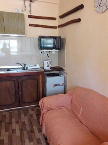a kitchen with a couch and a sink and a microwave at Santorini Bed en Córdoba in Córdoba