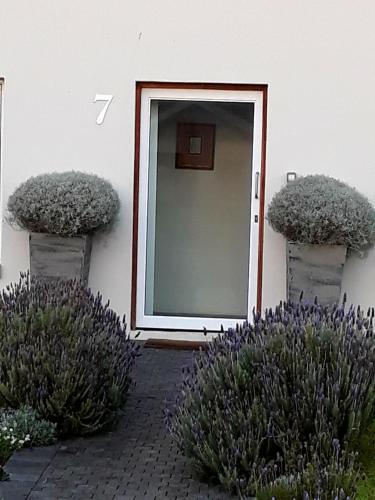 a door to a building with purple flowers in front of it at Lieflappie❤ in Stilbaai