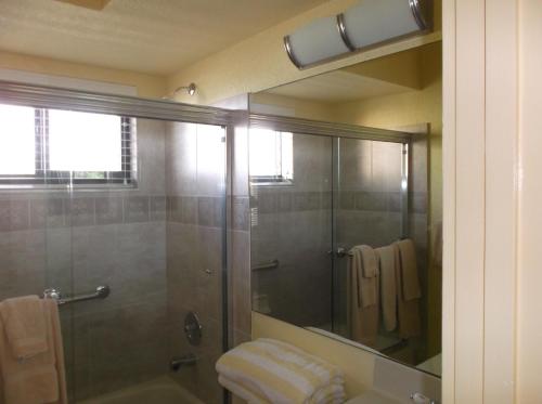 a bathroom with a shower and a glass shower backdoor at Hollywood Sands Resort, a VRI resort in Hollywood