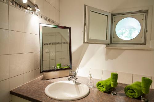 ein Bad mit einem Waschbecken und einem Spiegel in der Unterkunft Bergwerksilo Herznach in Herznach