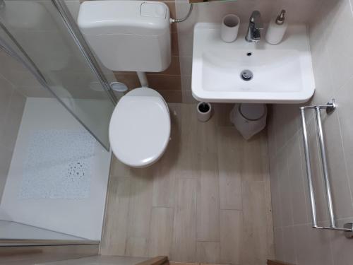 奈維斯的住宿－Apartments Njivice Bajcic，浴室配有卫生间、盥洗盆和淋浴。