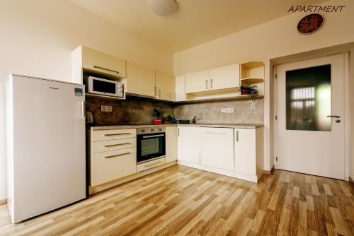 a kitchen with a refrigerator, stove and microwave at Hotel Otakar in Prague