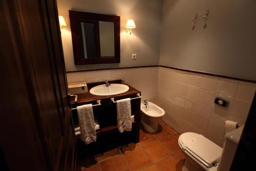 uma casa de banho com um lavatório, um WC e um espelho. em La Senda de los Enebros em Higuera de las Dueñas