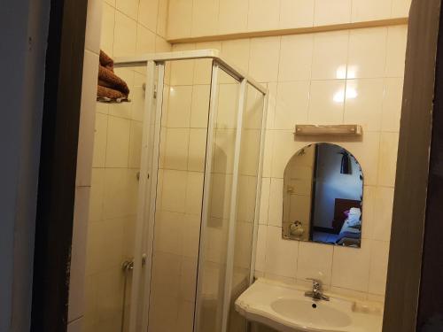 uma casa de banho com um chuveiro, um lavatório e um espelho. em Hotel Le Relais Normand em Antananarivo