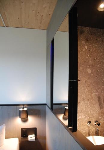 a bathroom with a sink and a mirror at Gasthof-Hotel Höhensteiger in Rosenheim
