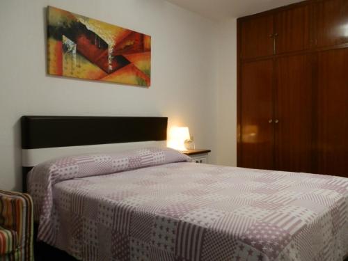 ein Schlafzimmer mit einem Bett und einem Wandgemälde in der Unterkunft Apartamentos Turisticos Beatriz in Perillo