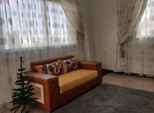 eine Couch mit einem Weihnachtsbaum vor einem Fenster in der Unterkunft APPARTEMENT "NESRINE" Kélibia in Kelibia