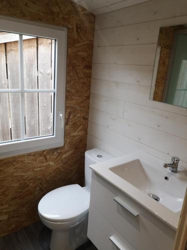 une salle de bain avec toilettes, lavabo et fenêtre dans l'établissement Roulotte de la basse biguerie proche zoo de la flèche, à Saint-Jean-de-la-Motte