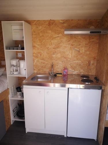 une cuisine avec un évier et un plan de travail dans l'établissement Roulotte de la basse biguerie proche zoo de la flèche, à Saint-Jean-de-la-Motte