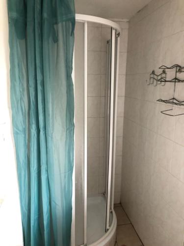 a shower with a blue shower curtain in a bathroom at Retro chatky Hůrka Lipno in Horní Planá