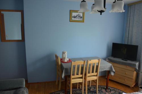 a dining room with a table and a television at Pokoje Gościnne Szuber in Iwonicz-Zdrój