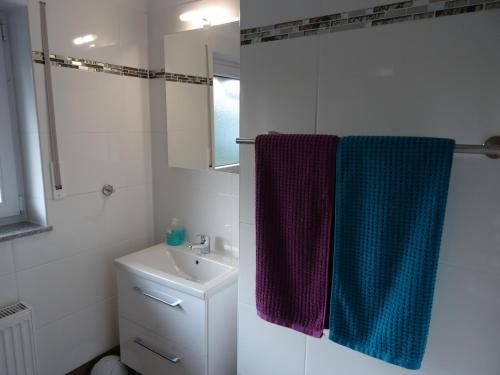 uma casa de banho com um lavatório e um toalheiro ao lado de um WC em Ferienwohnung Bad Rappenau em Bad Rappenau