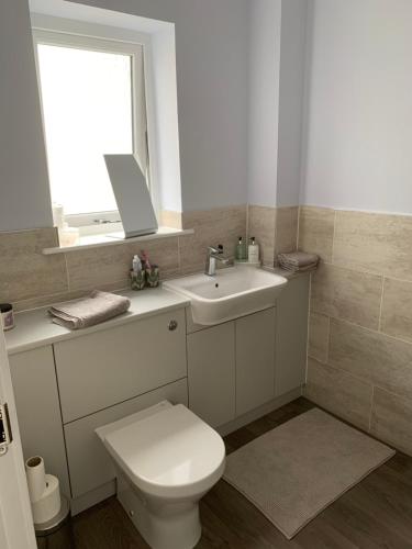 bagno con servizi igienici, lavandino e finestra di 23 C Allan Gardens a Dornoch