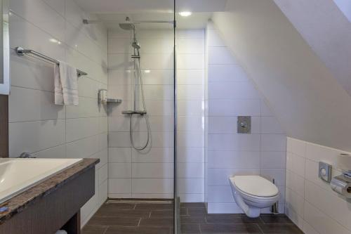 a bathroom with a toilet, sink, and shower at Avenue Hotel in Amsterdam