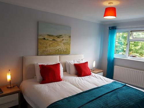 een slaapkamer met een bed met 2 rode kussens bij Penllech House - Huku Kwetu Notts - 3 Bedroom Spacious Lovely and Cosy with a Free Parking- Affordable and Suitable to Group Business Travellers in Nottingham