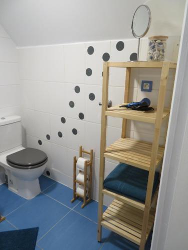 La salle de bains est pourvue de toilettes et d'un sol bleu. dans l'établissement Duplex Saint Malo Saint Servan plage à 100m Intra Muros à 7min à pied, à Saint-Malo