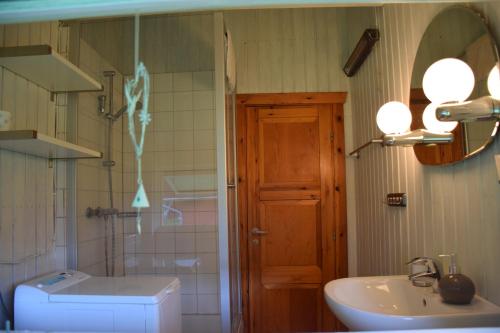 グリュックスブルクにあるBullerby _ Meer _ Ferienhaus Lottaのバスルーム(洗面台、トイレ、鏡付)