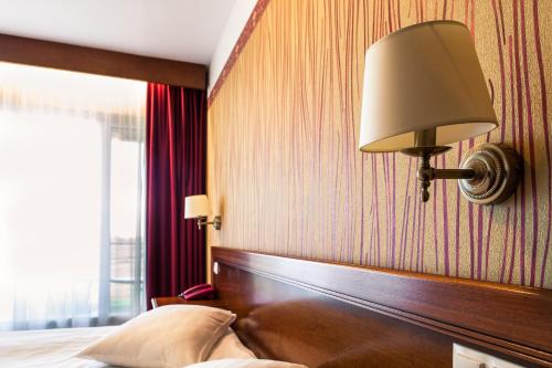 a bedroom with a bed and a lamp on a wall at SPA Amber Palace in Šventoji